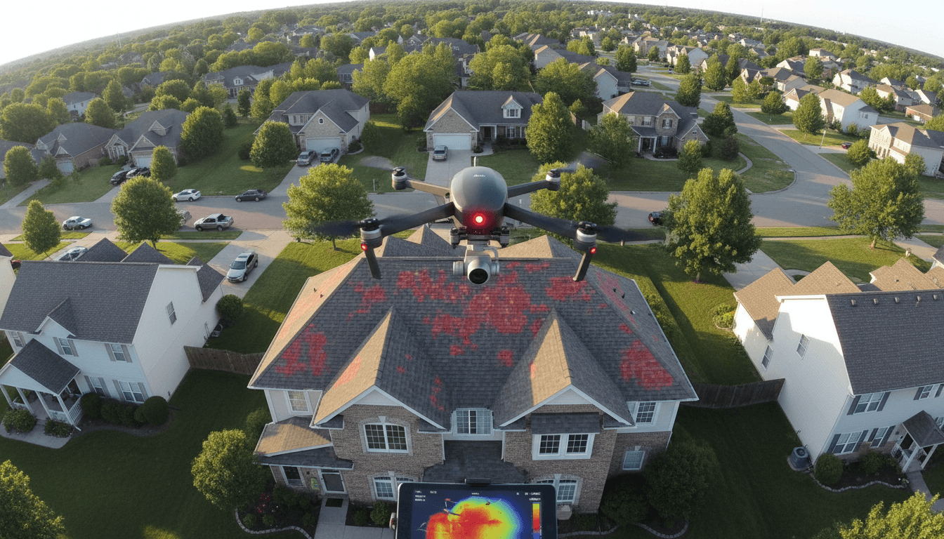 Drone hovering above a residential roof for inspection
