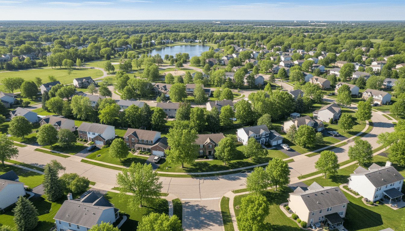 Aerial view of residential neighborhood with houses and trees