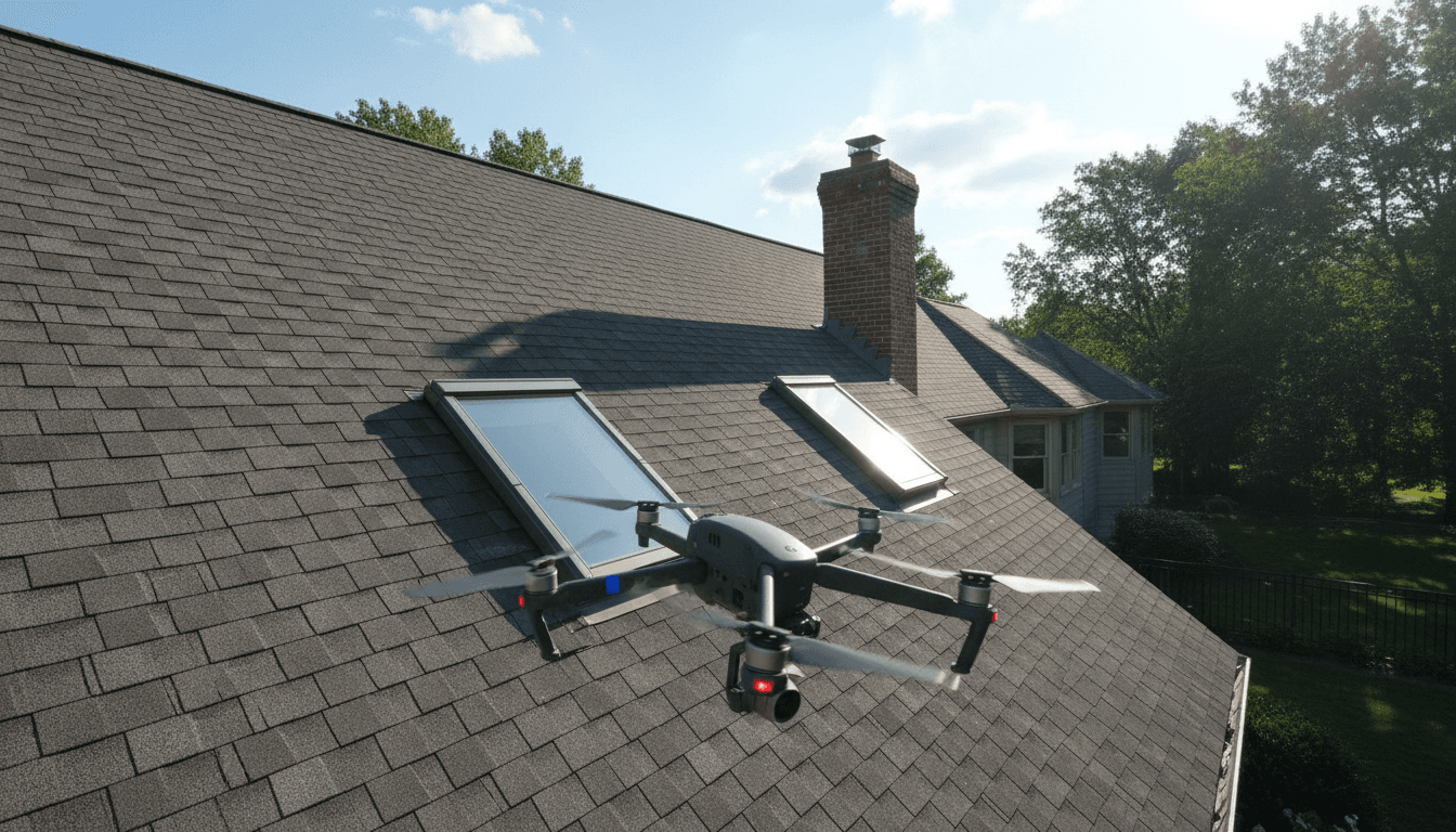 Drone hovering above a residential roof for an inspection
