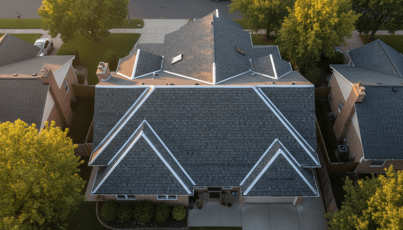 Drone flying over a residential roof during an inspection