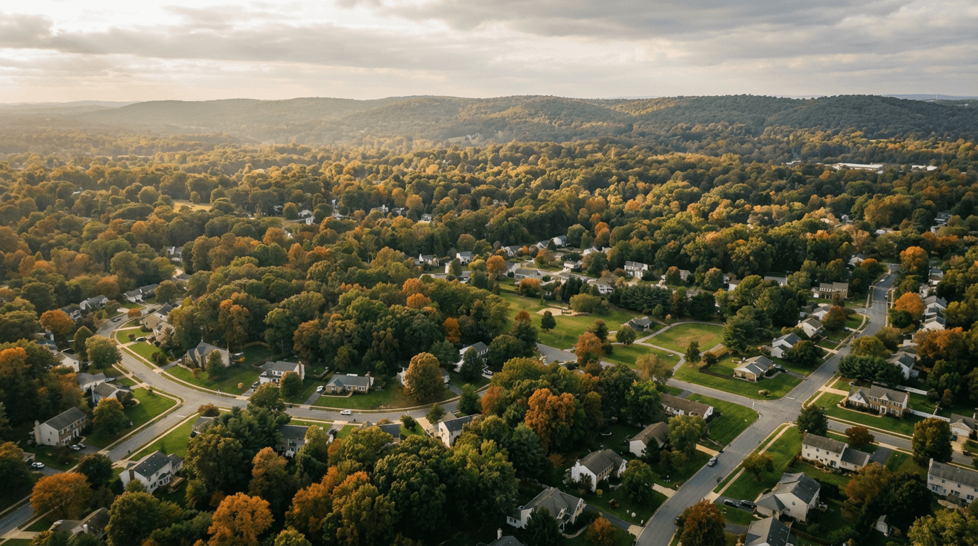 Drone flying above residential neighborhood