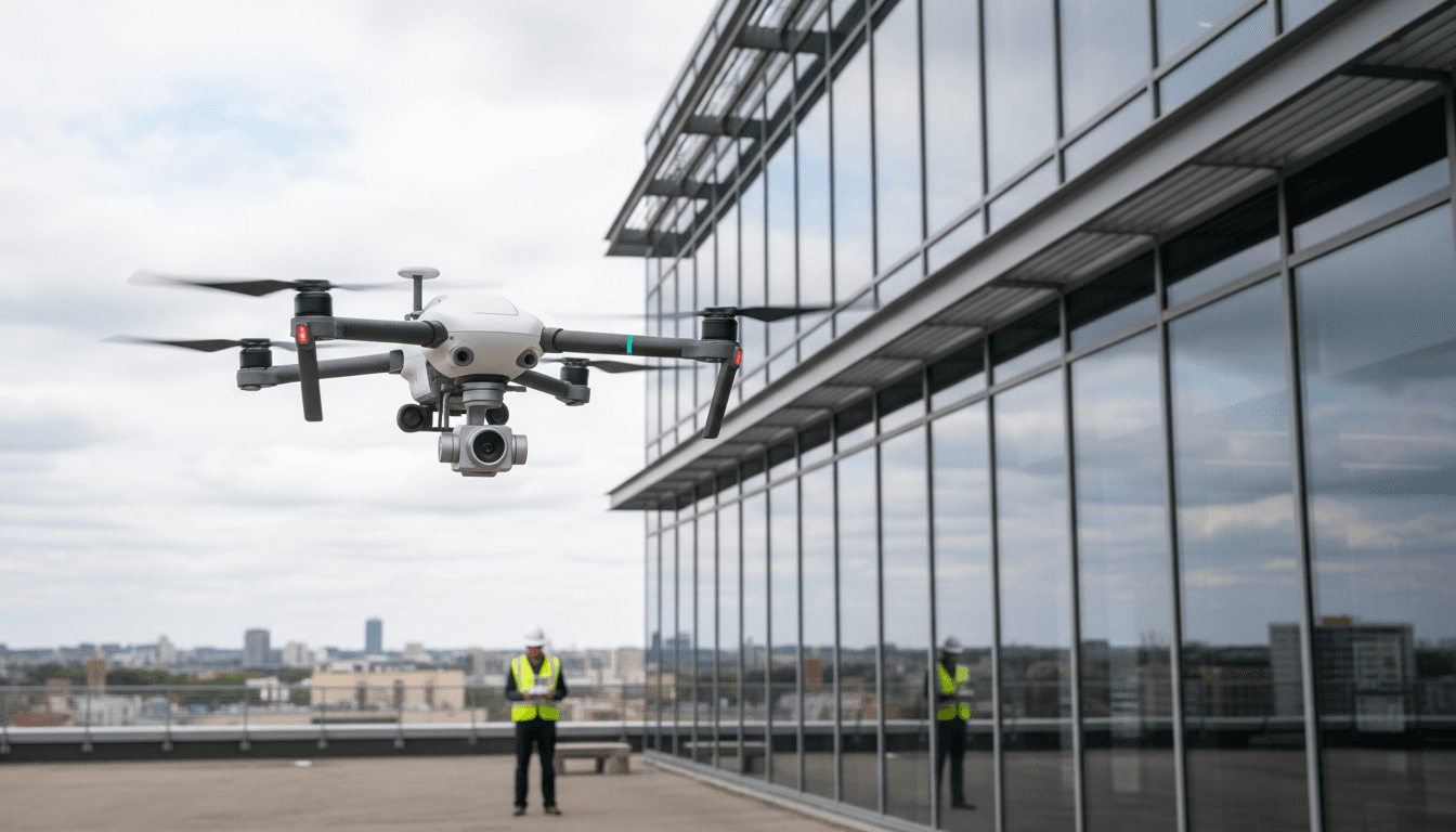Drone inspecting a residential roof with a professional operator nearby